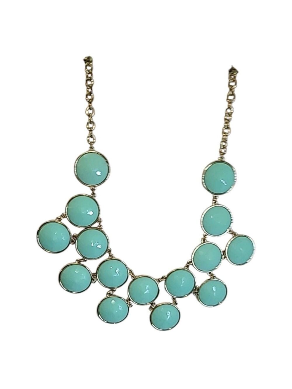 Gold Tone Turquoise Blue Acrylic Cabochon Bib Statement Necklace 17"-20" - Picture 5 of 7